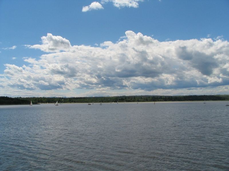 Sailboats on Glenmore Reservoir in Calgary under a blue sky