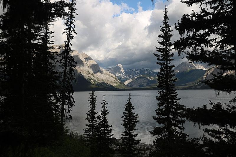 Upper Kananaskis Lake seen between dark evergreens below mountains