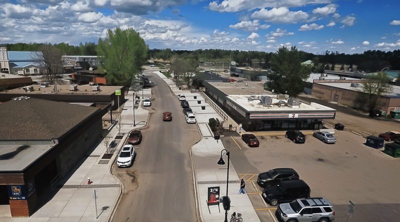 Aerial view of downtown High River streets and buildings