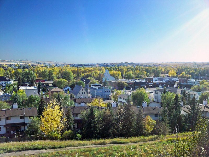View over Okotoks homes and autumn trees