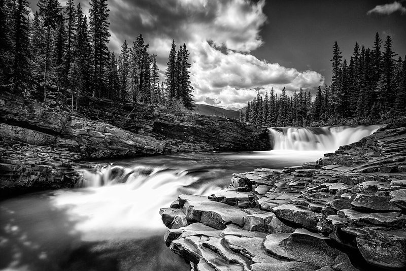 Black-and-white photo of Sheep River Falls in Sheep River Provincial Park