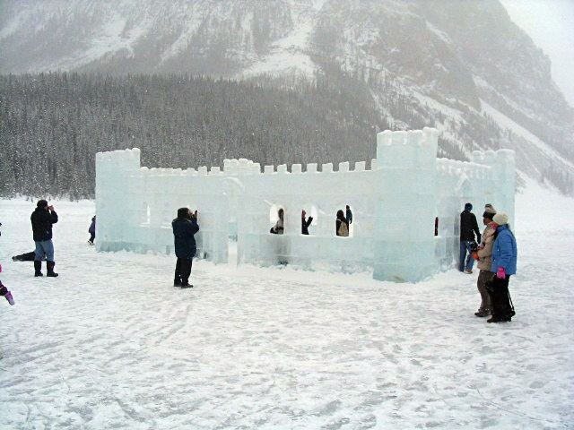 An ice castle sculpture on the snow at Lake Louise